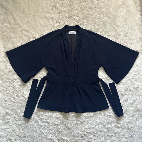 The Fold London Clever Crepe Kimono Jacket Short Sleeve Tie Waist Navy Sz 8 - Picture 2 of 12